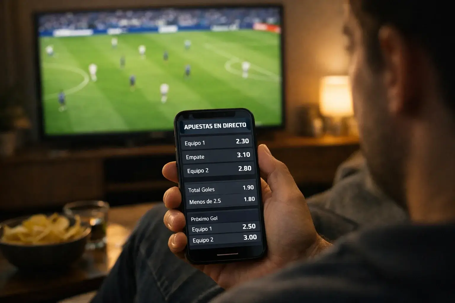Persona viendo un partido de fútbol en televisión mientras consulta su teléfono móvil