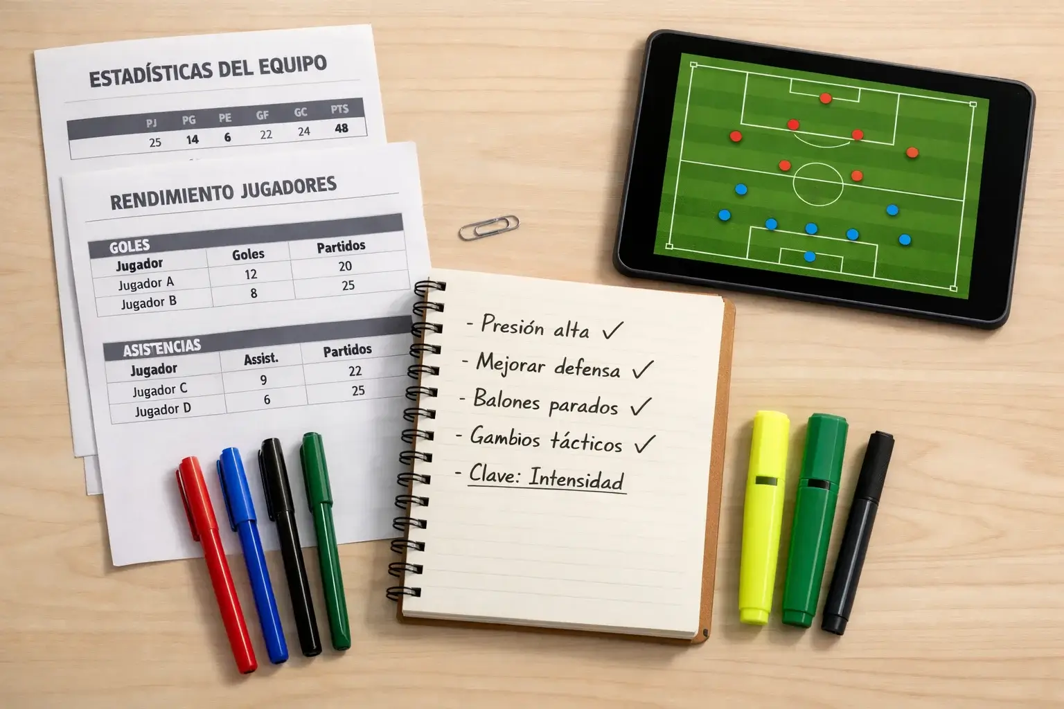 Mesa con bloc de notas, bolígrafo y documentos de análisis de partidos de fútbol