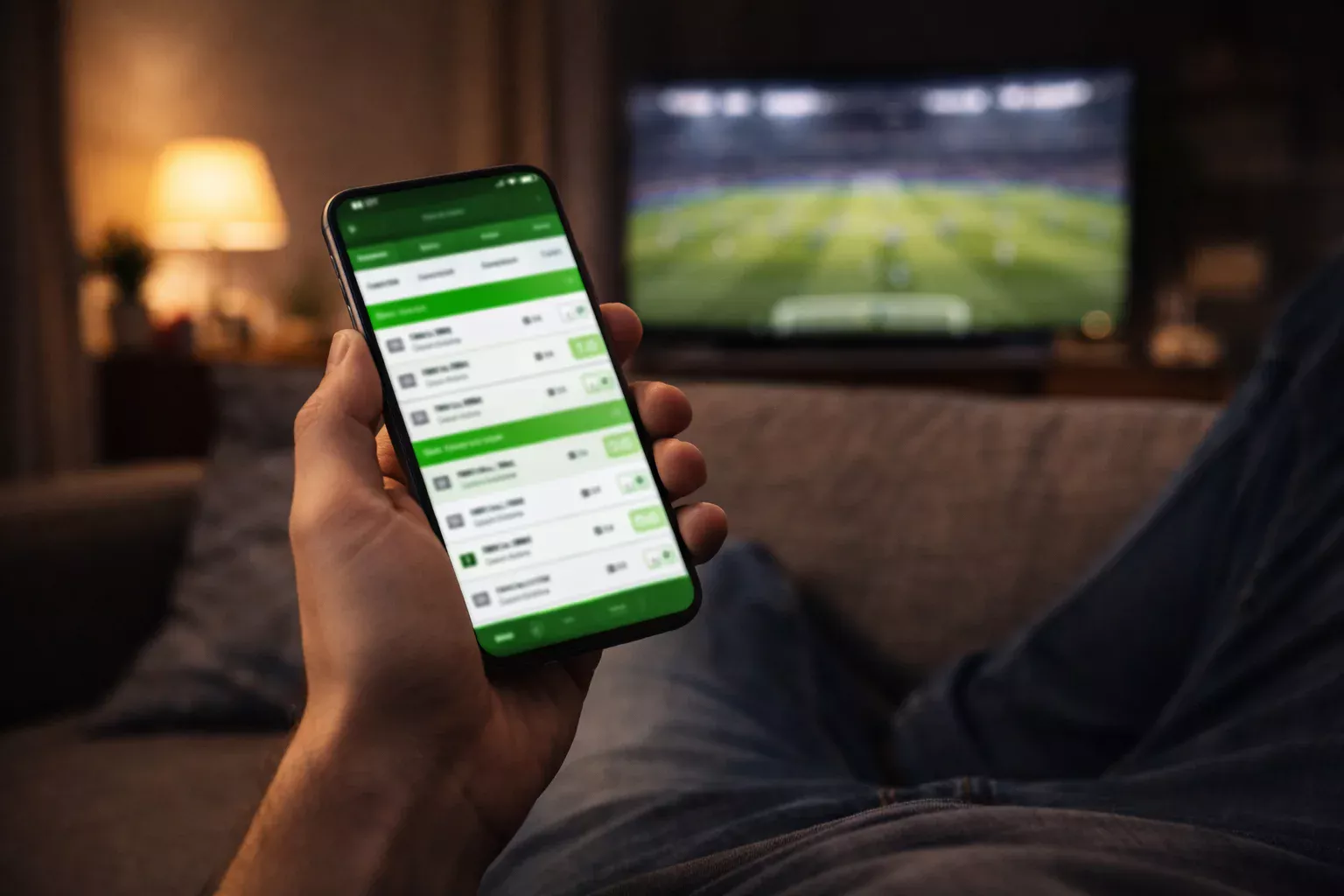 Persona usando una aplicación de apuestas deportivas en su teléfono durante un partido