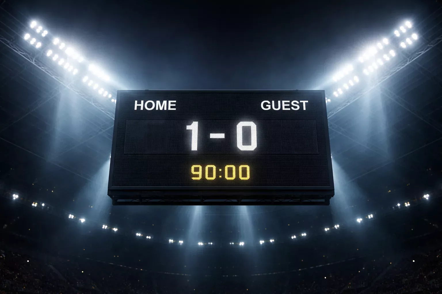 Marcador de un estadio de fútbol mostrando el resultado de un partido bajo los focos nocturnos