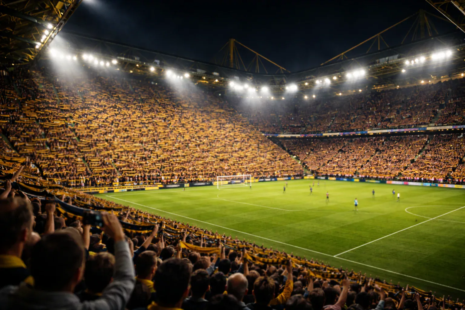 Estadio de la Bundesliga con grada llena de aficionados y un muro amarillo de fondo