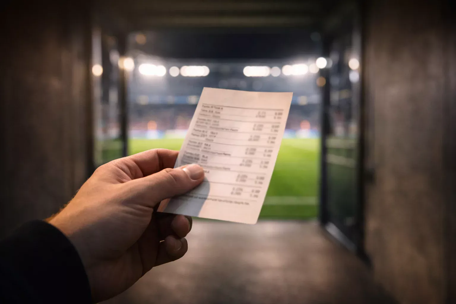 Mano de un apostador sosteniendo un boleto de apuestas frente a un campo de fútbol iluminado