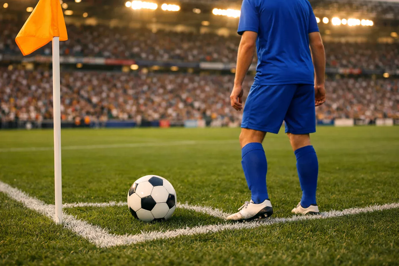Jugador de fútbol ejecutando un saque de esquina en un estadio con el banderín de córner visible