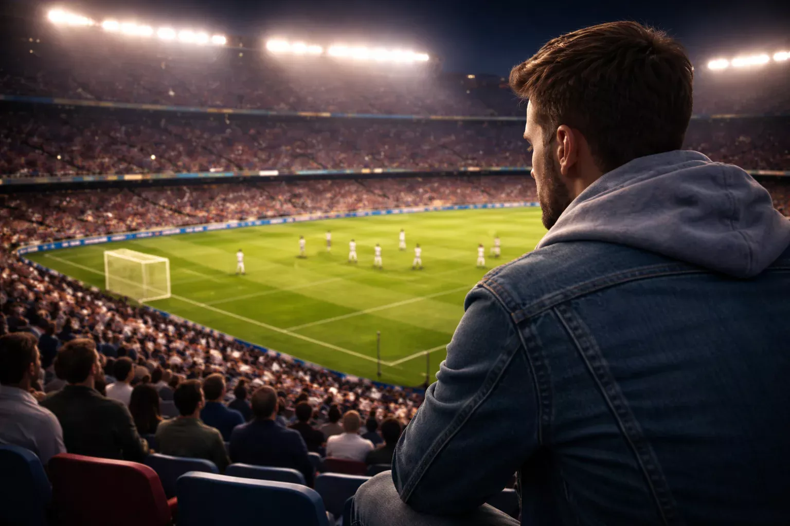Aficionado viendo un partido de fútbol en directo en un estadio iluminado por la noche