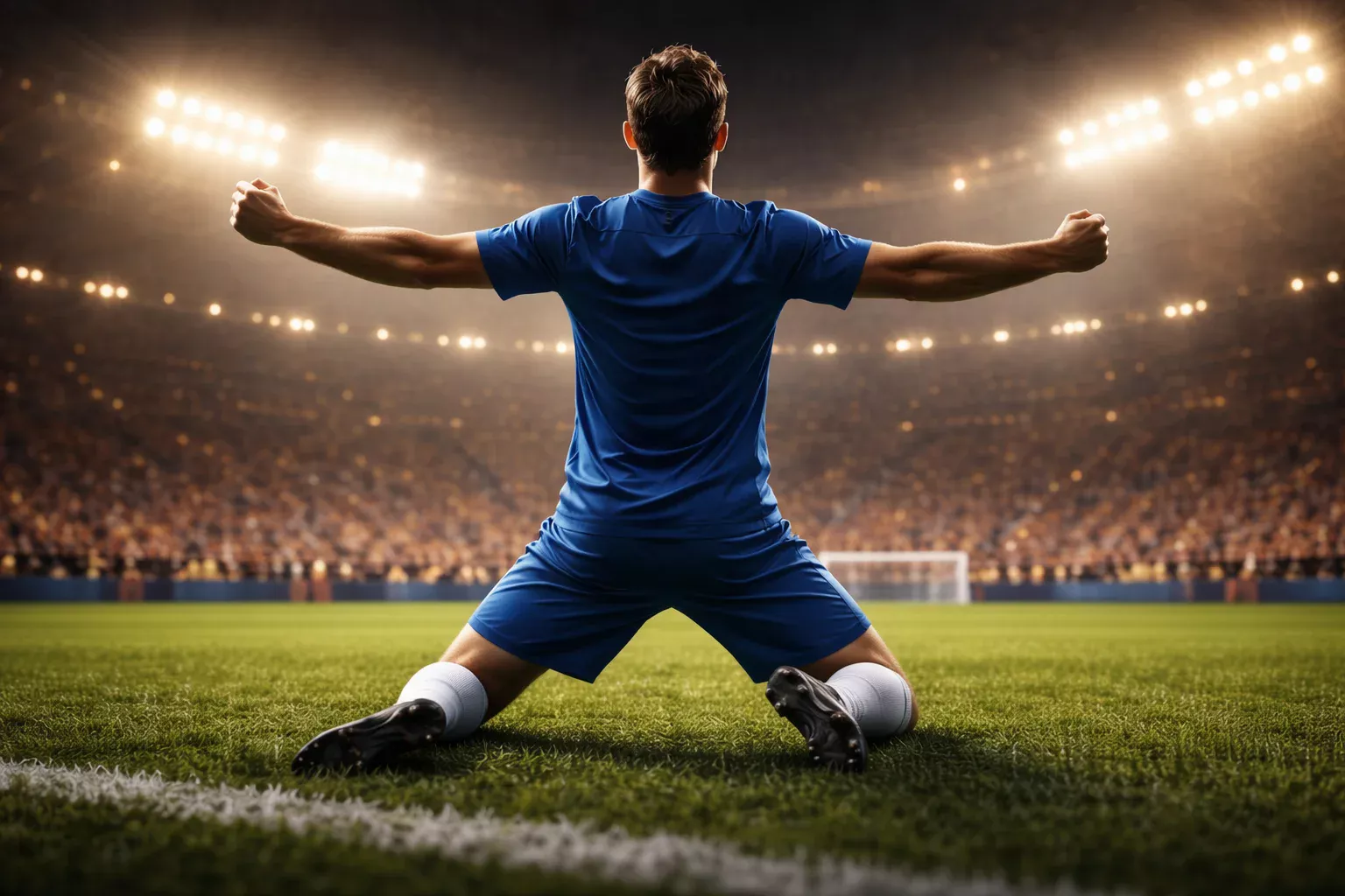 Delantero de fútbol celebrando un gol con los brazos abiertos en un estadio lleno