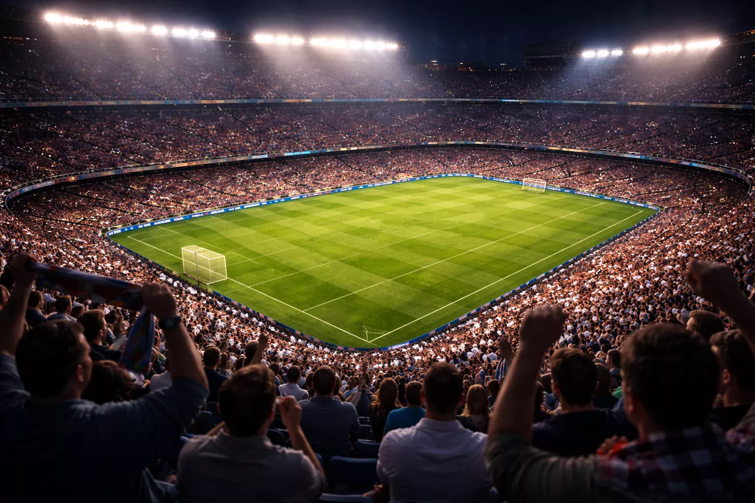 Estadio de fútbol español lleno de aficionados durante un partido nocturno de LaLiga