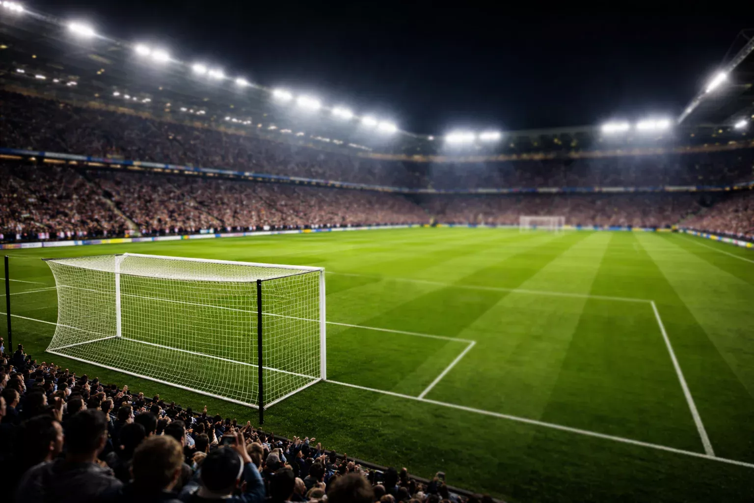 Estadio de fútbol de la Premier League con césped verde iluminado bajo focos nocturnos