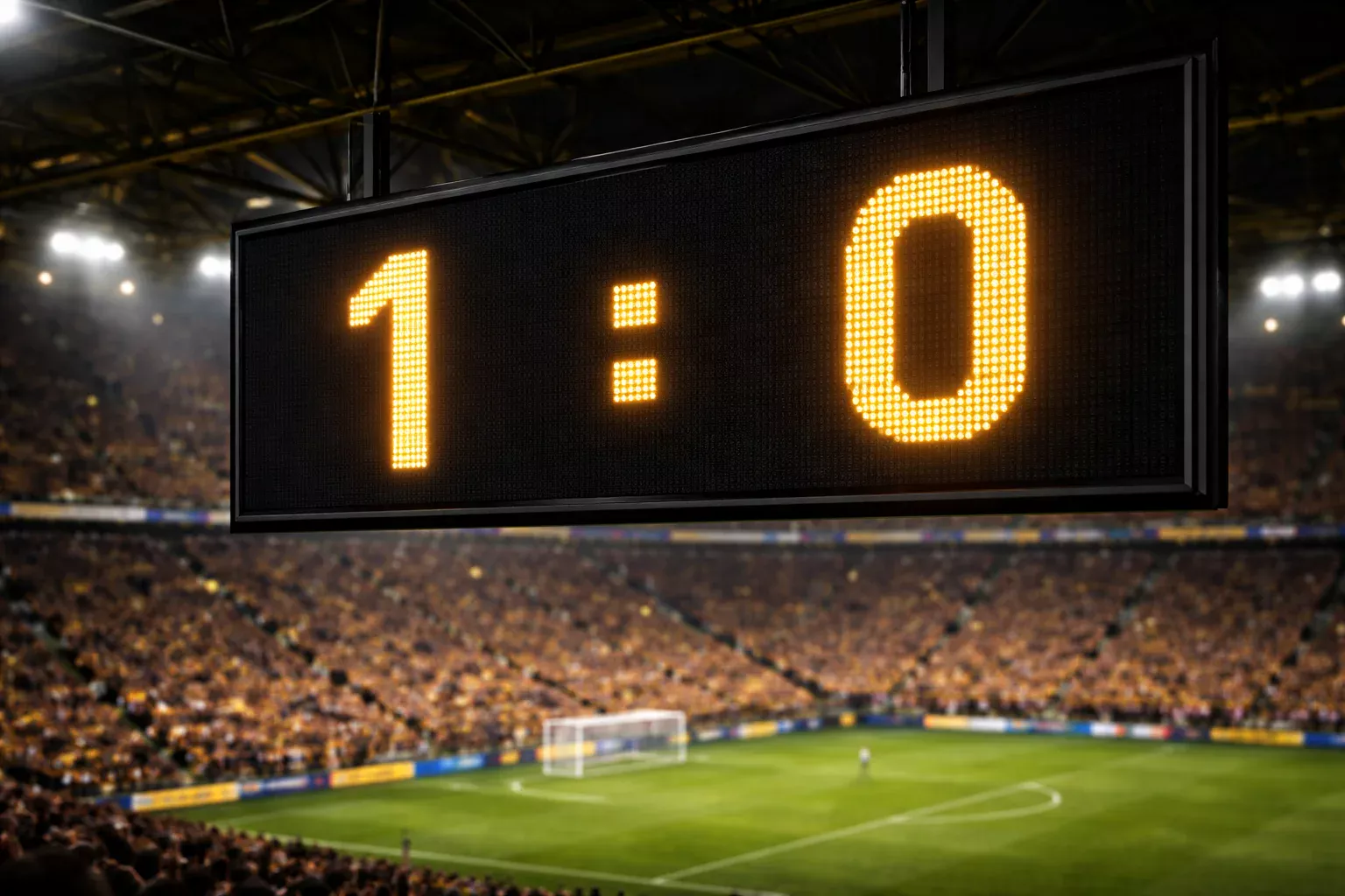 Marcador de un estadio de fútbol mostrando un resultado ajustado durante un partido