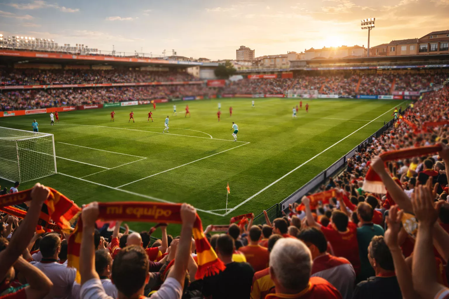 Estadio de Segunda División española con afición local animando durante un partido