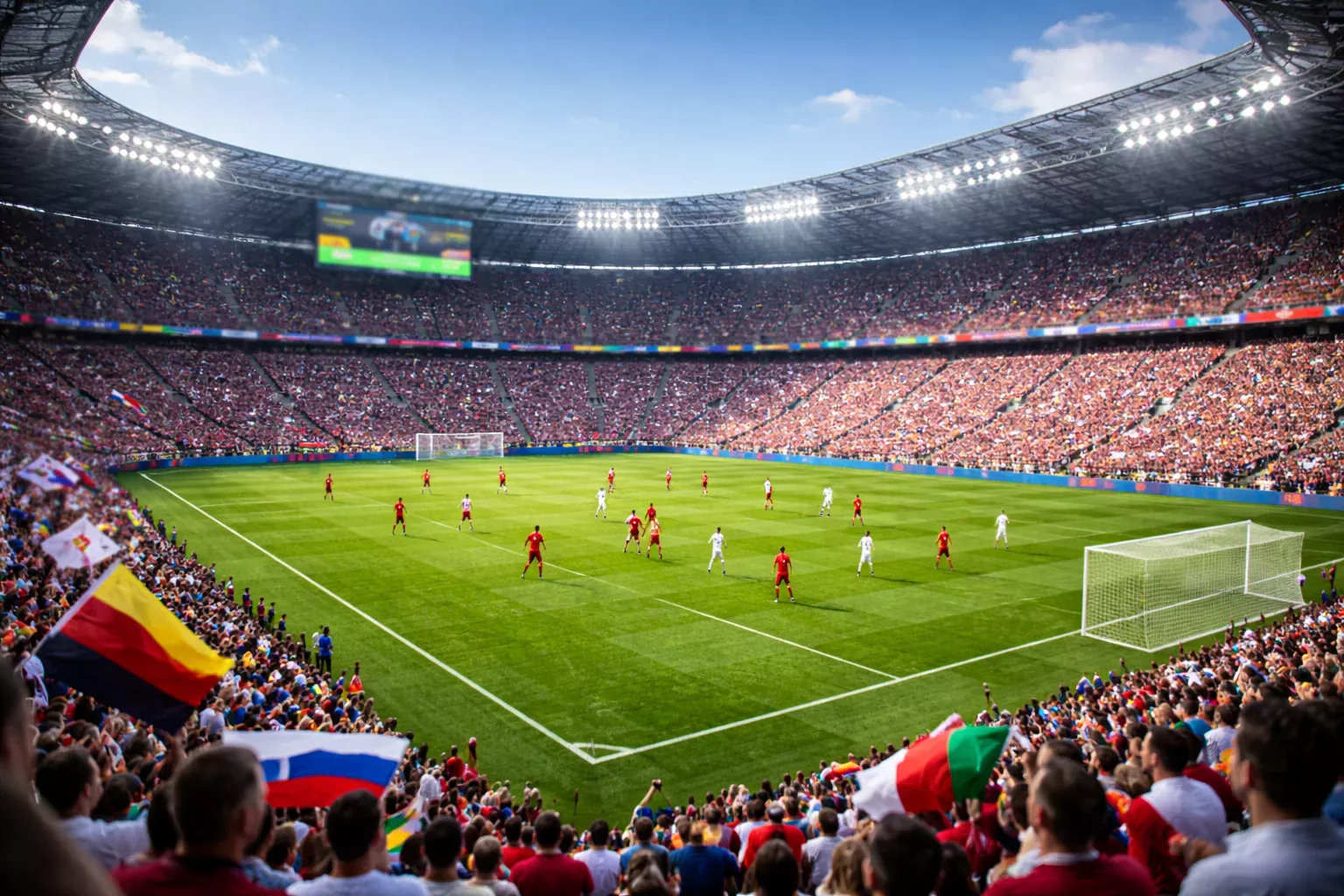 Selecciones nacionales de fútbol enfrentándose en un gran estadio internacional