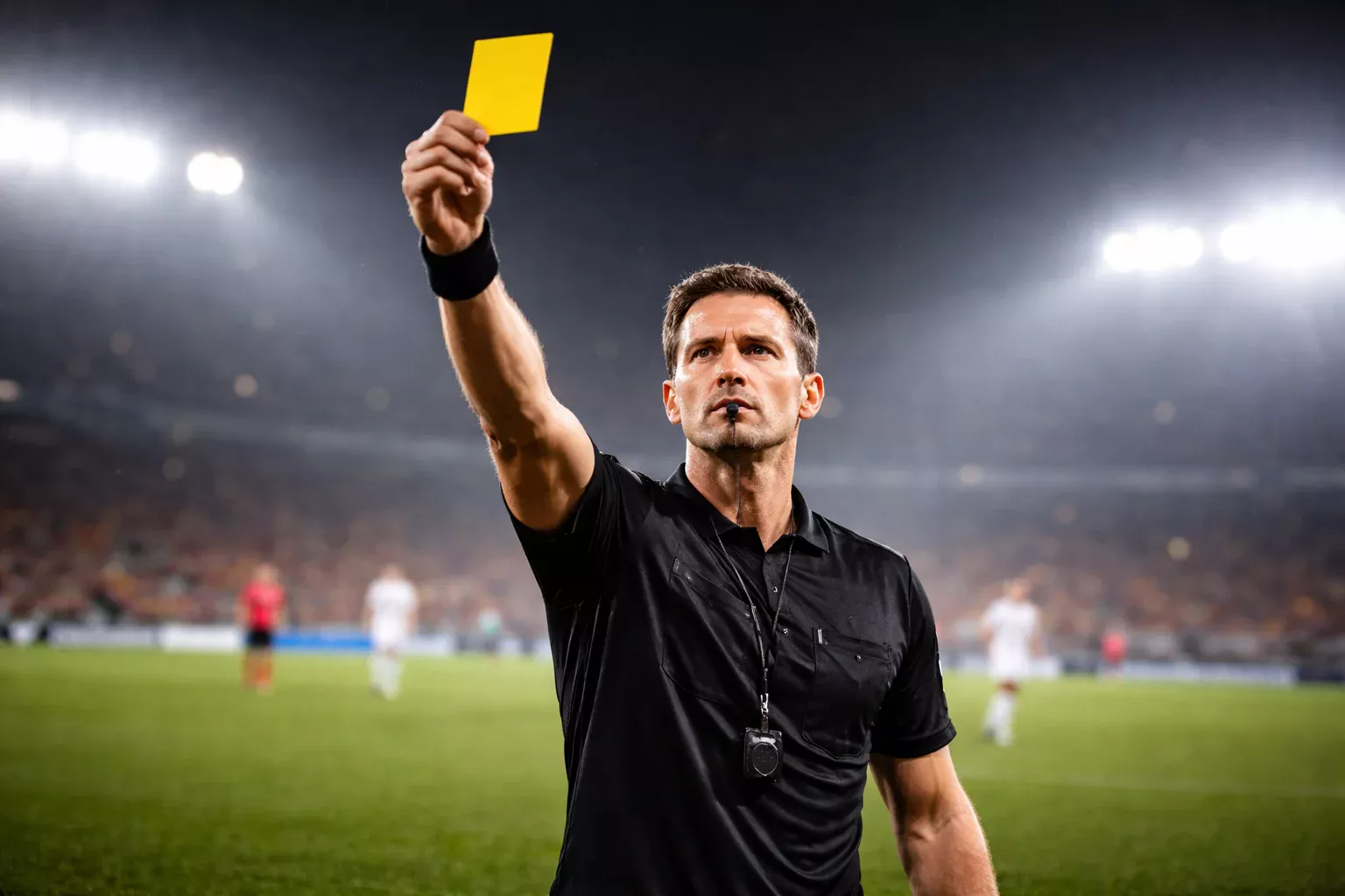 Árbitro de fútbol mostrando una tarjeta amarilla con el brazo extendido en un campo de juego