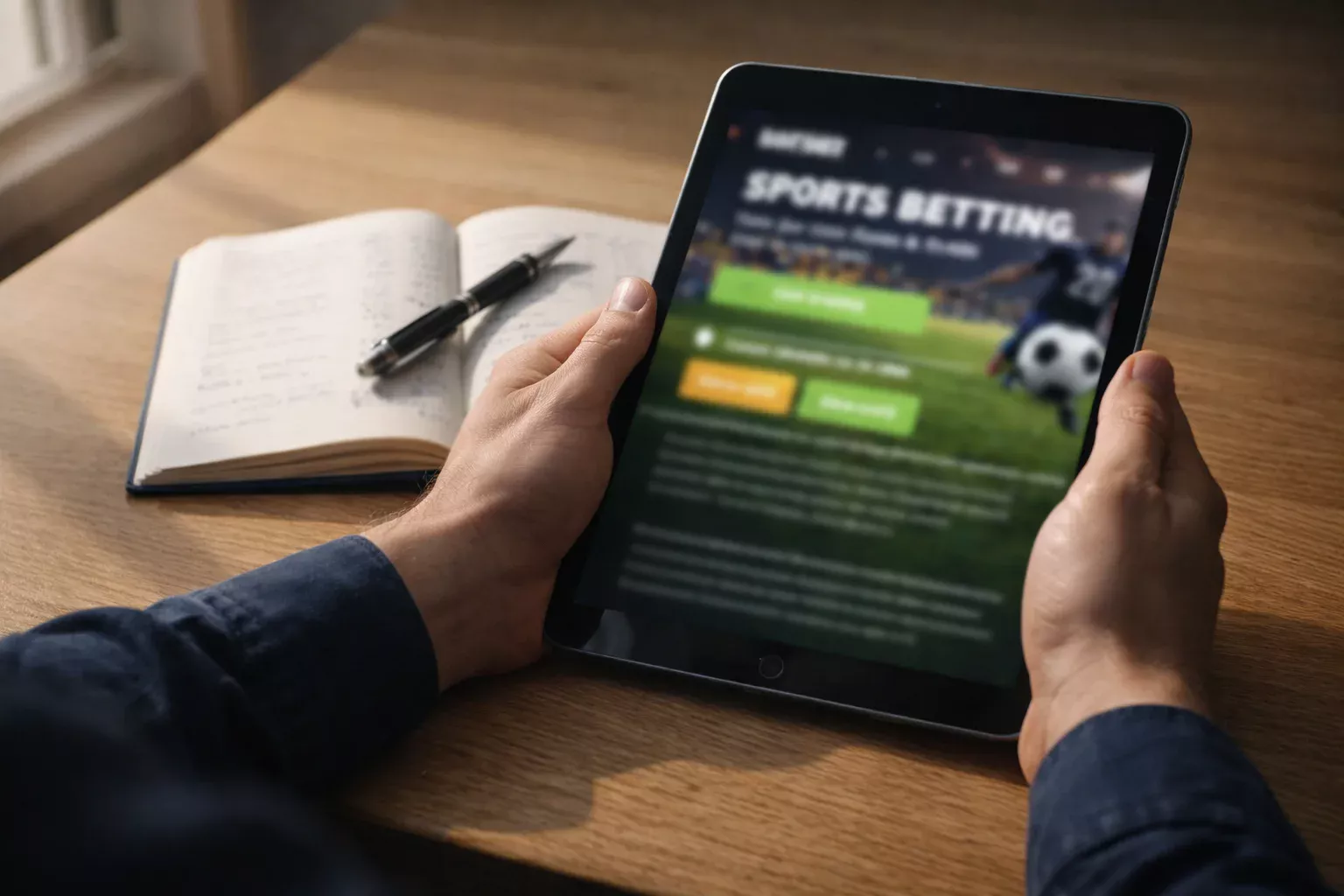 Persona revisando condiciones de una promoción de apuestas deportivas en una tablet