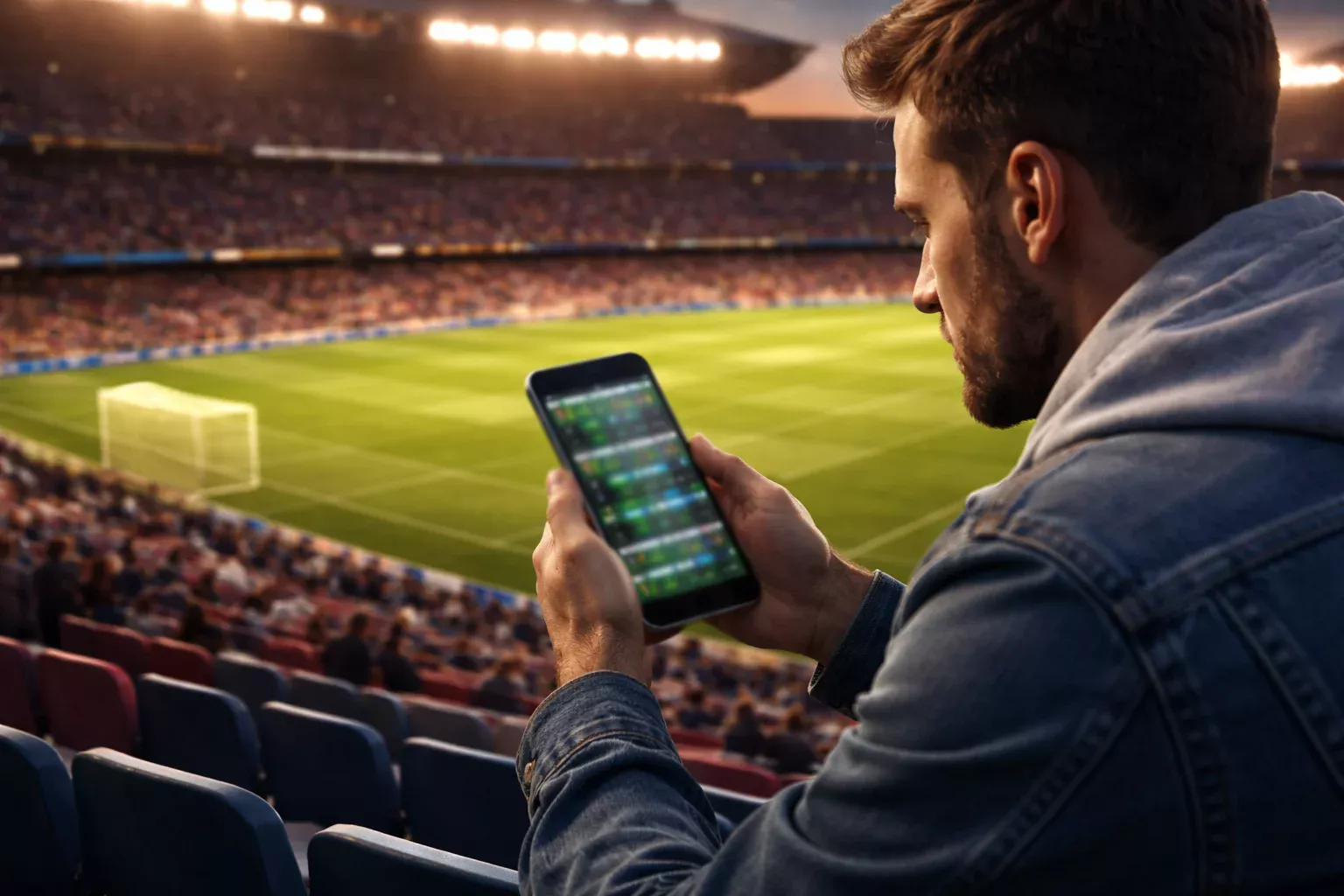 Pantalla de móvil mostrando cuotas de apuestas de fútbol en un estadio español iluminado