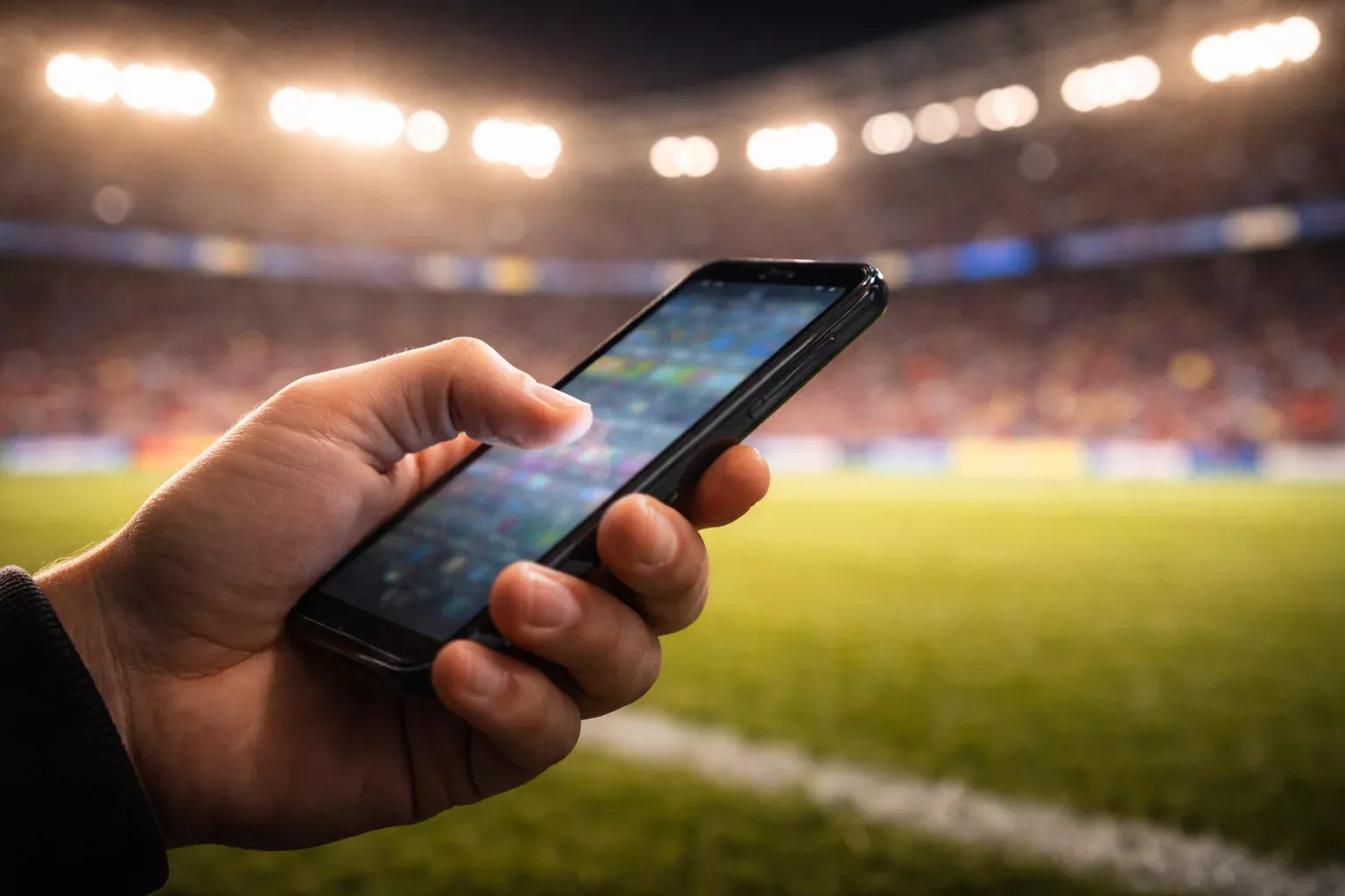 Mano de un apostador sujetando un móvil con un partido de fútbol de fondo en el estadio