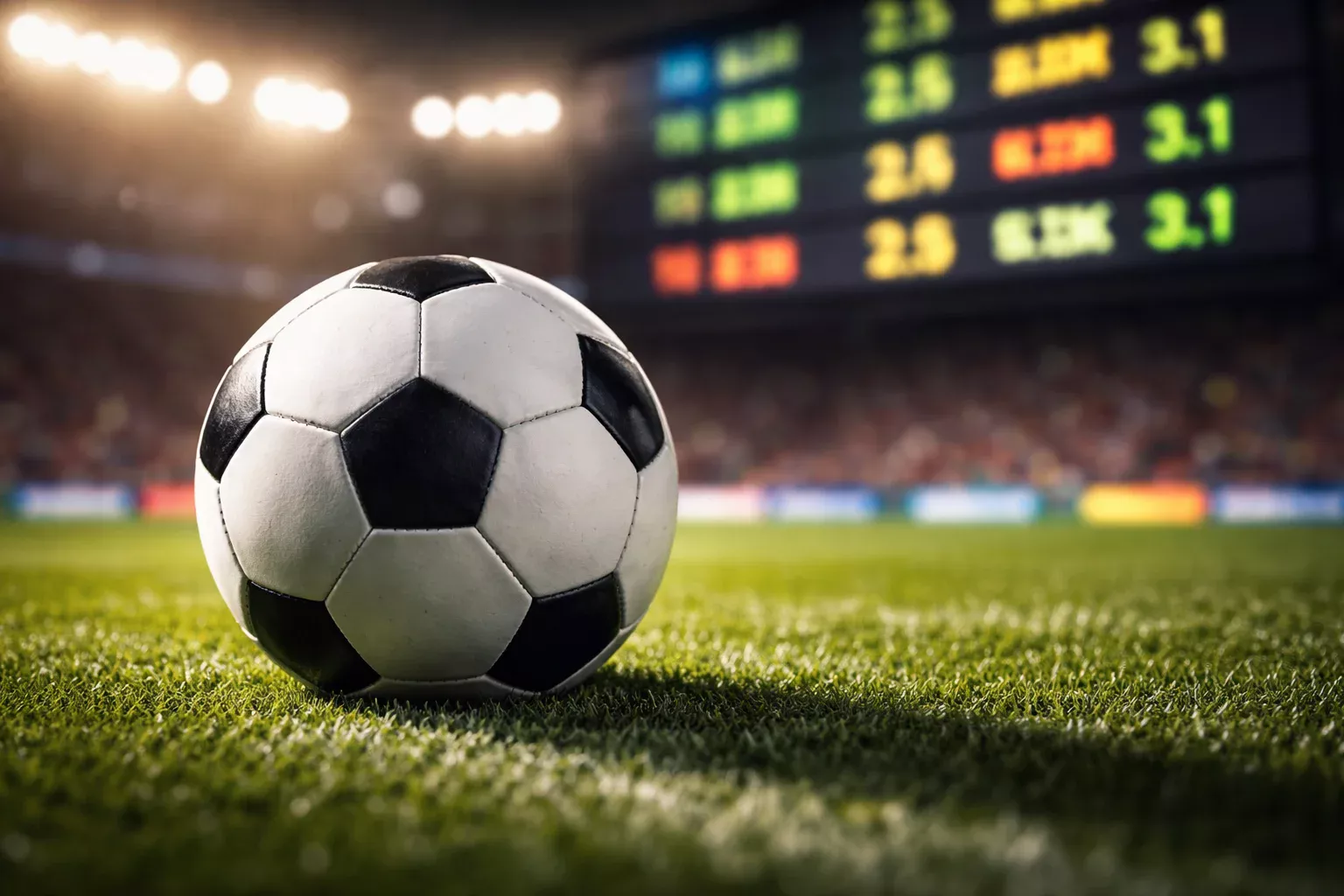 Primer plano de un panel de cuotas de apuestas de fútbol con un balón sobre césped de fondo