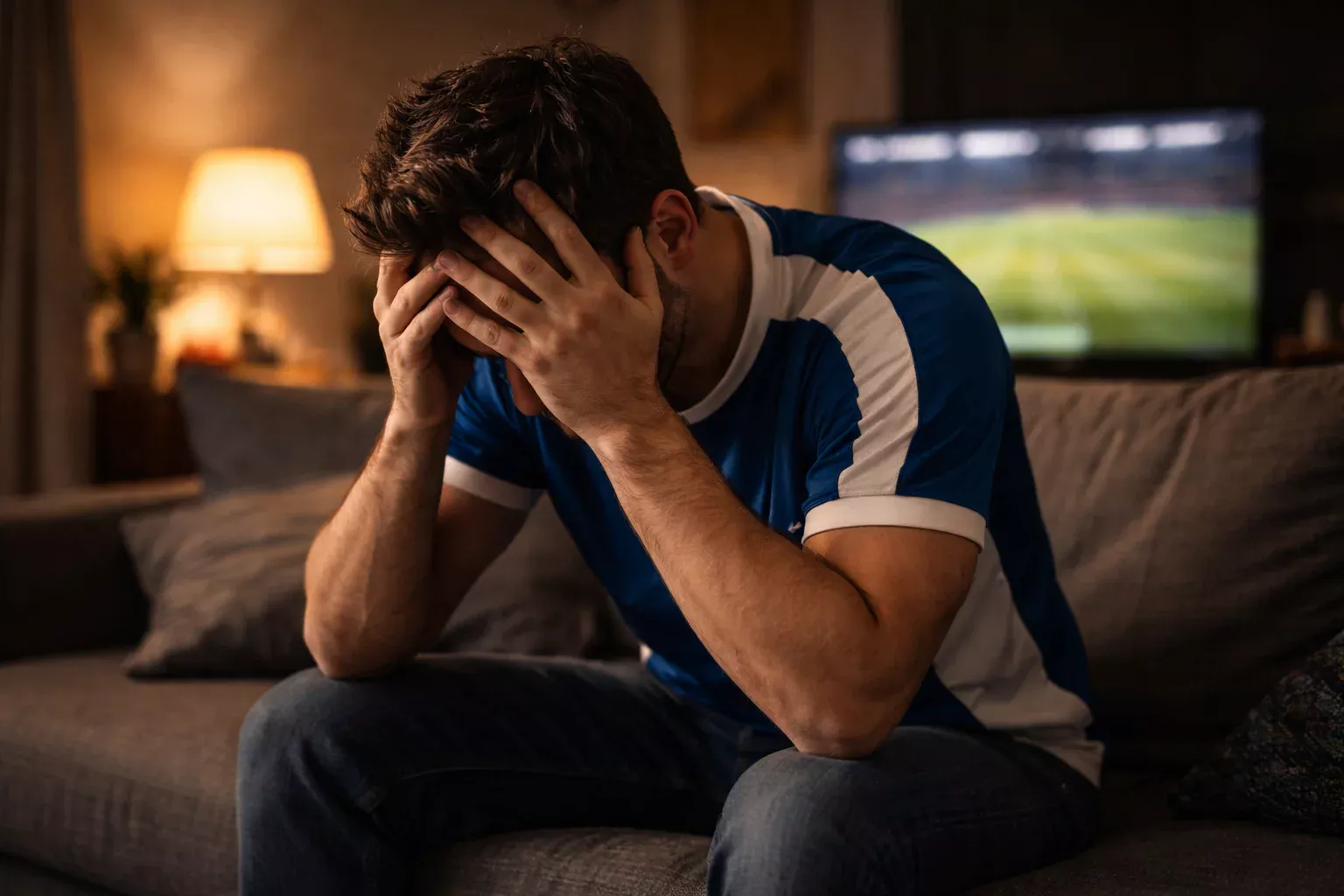 Aficionado de fútbol frustrado con las manos en la cabeza frente a una pantalla