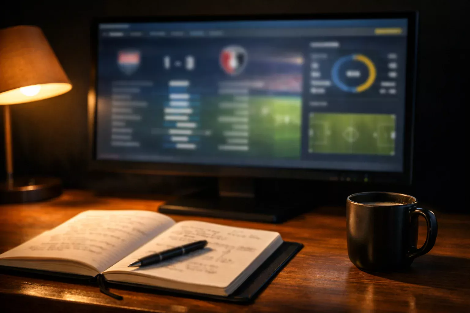 Pantalla de ordenador mostrando estadísticas de un partido de fútbol junto a un cuaderno de notas