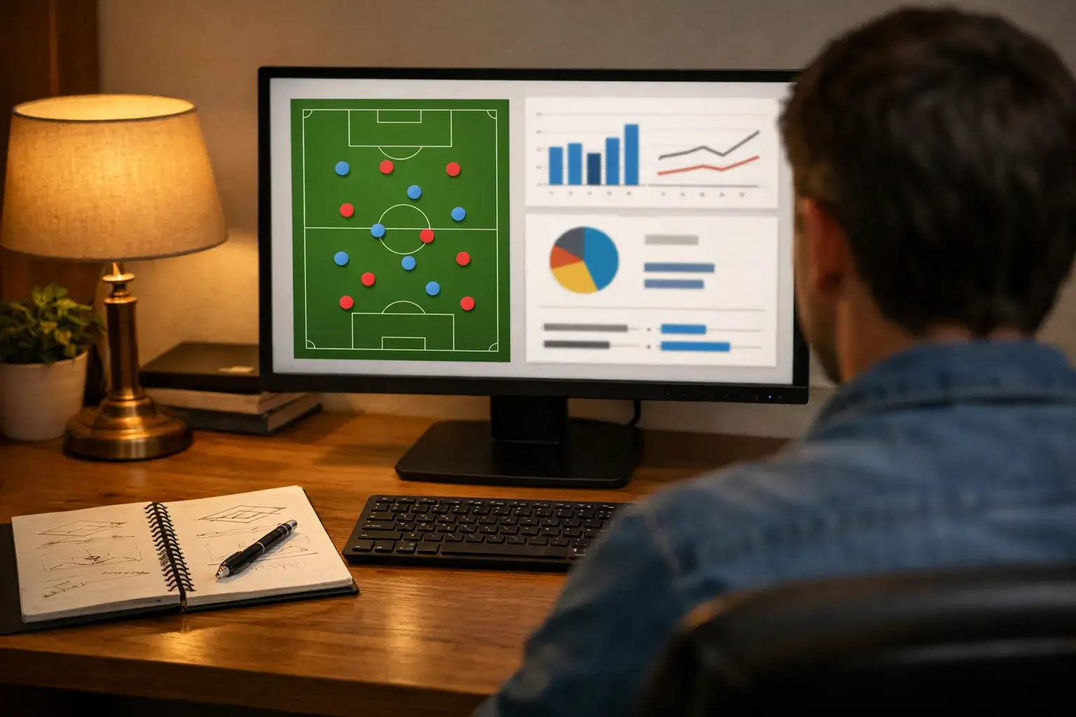 Persona analizando estadísticas de fútbol en pantalla con libreta