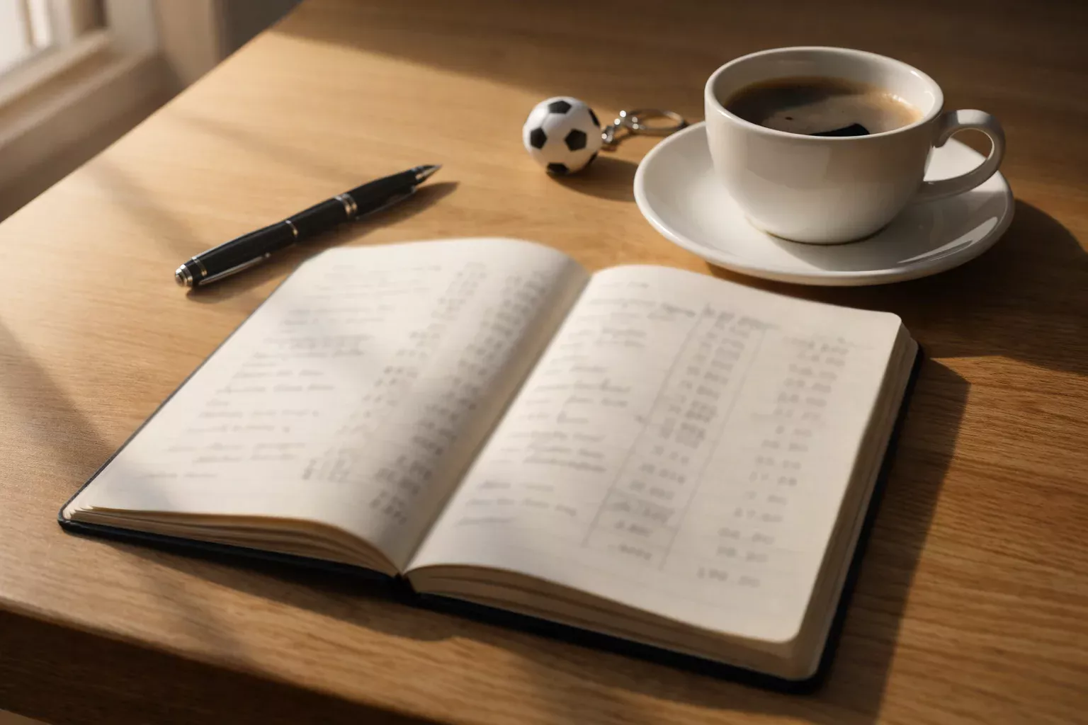 Cuaderno abierto con anotaciones de apuestas junto a un bolígrafo sobre una mesa de madera
