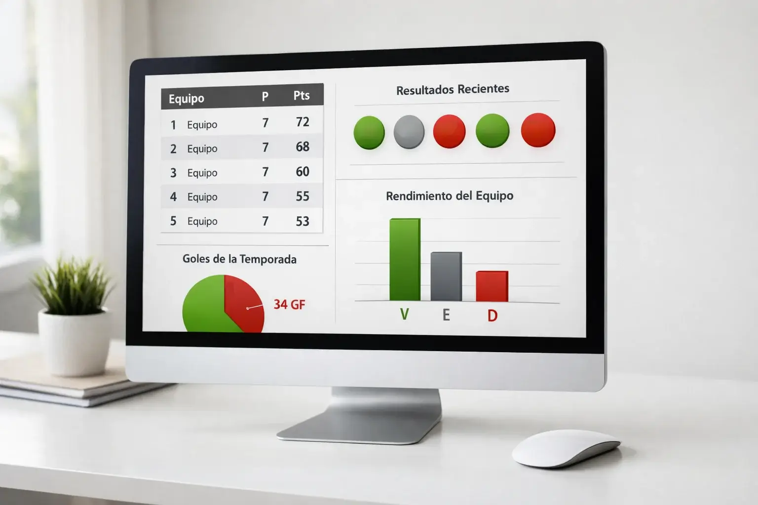 Pantalla de ordenador mostrando gráficos de rendimiento de equipos de fútbol