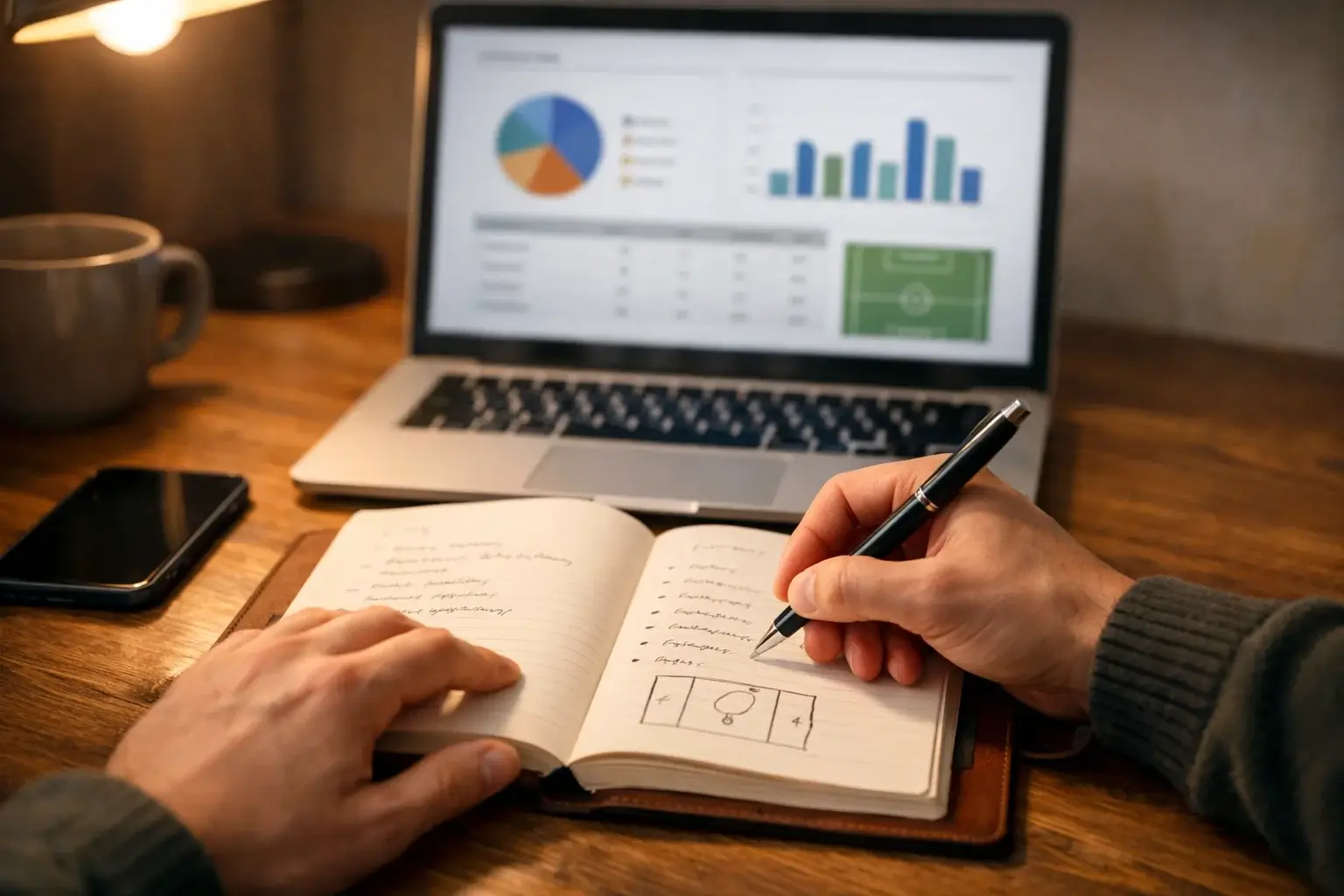 Persona tomando notas junto a pantalla con estadísticas de fútbol