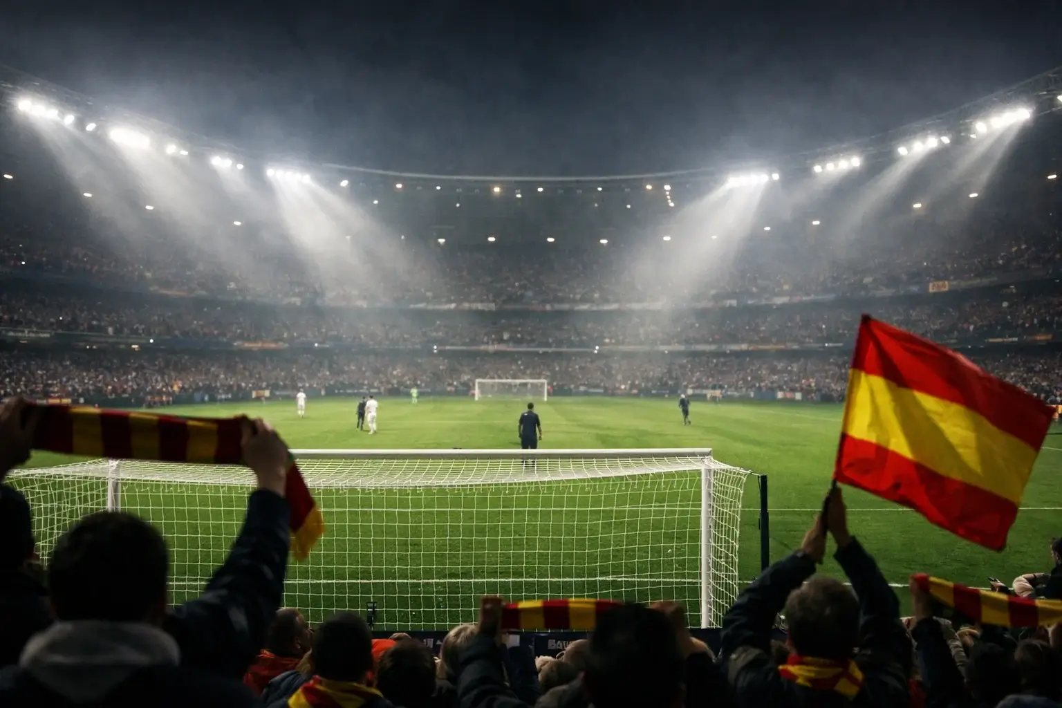 Estadio de fútbol lleno con aficionados viendo un partido en vivo bajo los focos nocturnos
