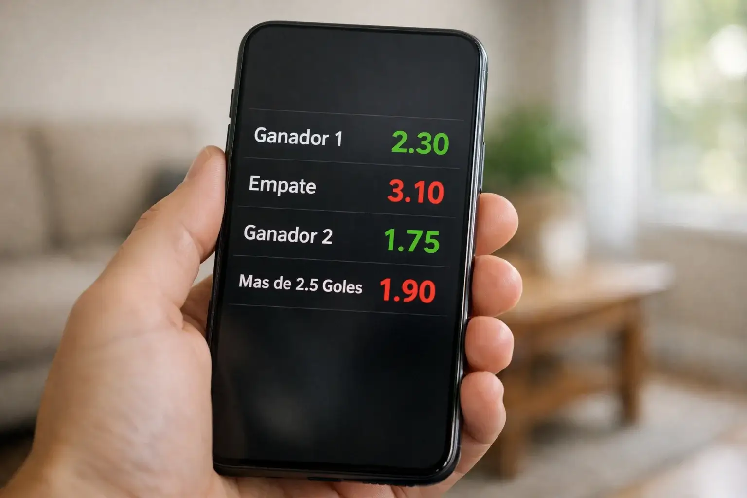 Pantalla de smartphone mostrando cuotas de apuestas cambiando en tiempo real durante un partido