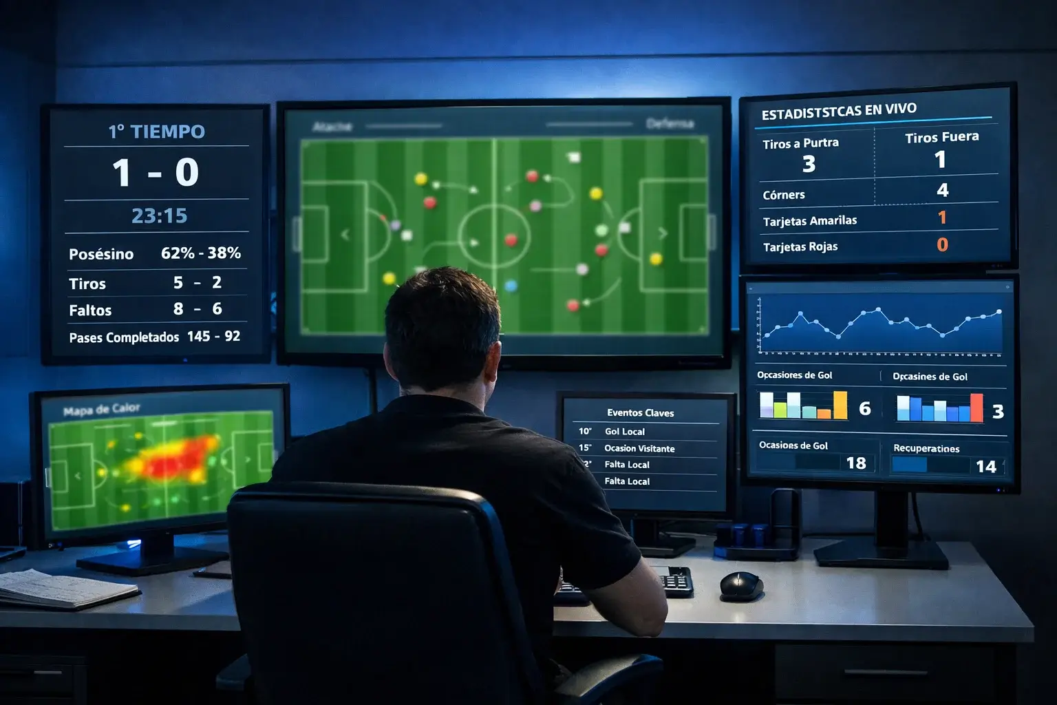 Panel de control de trading deportivo con múltiples pantallas mostrando estadísticas de fútbol