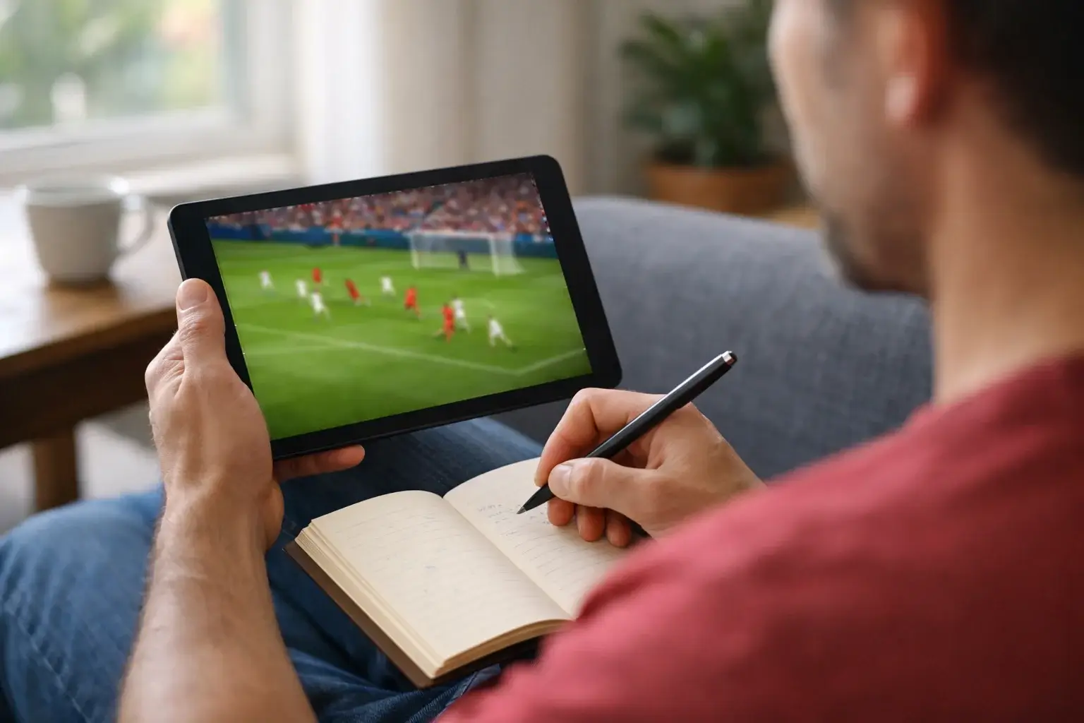 Aficionado viendo fútbol en directo en una tablet mientras toma notas en un cuaderno