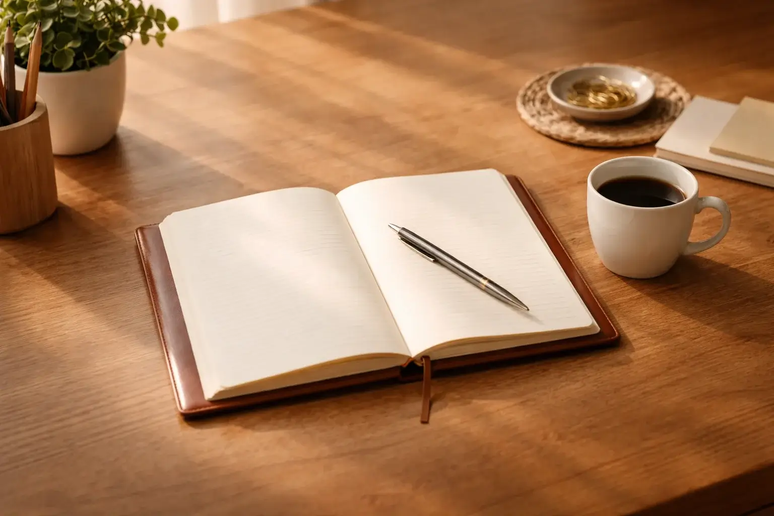 Escritorio ordenado con libreta de planificación financiera y bolígrafo junto a una taza de café