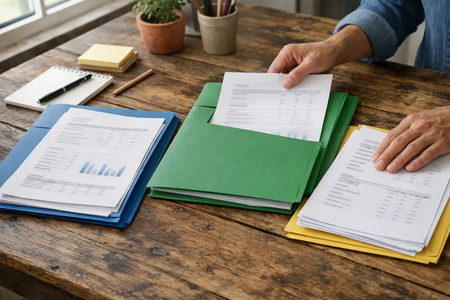 Persona organizando documentos financieros en carpetas sobre una mesa de madera