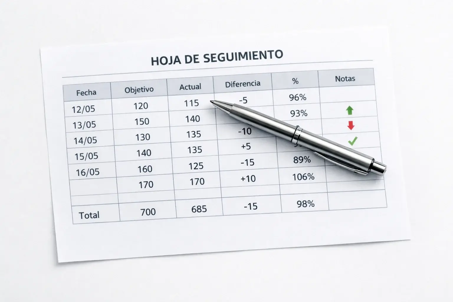 Hoja de cálculo impresa con datos de seguimiento de inversiones junto a un bolígrafo