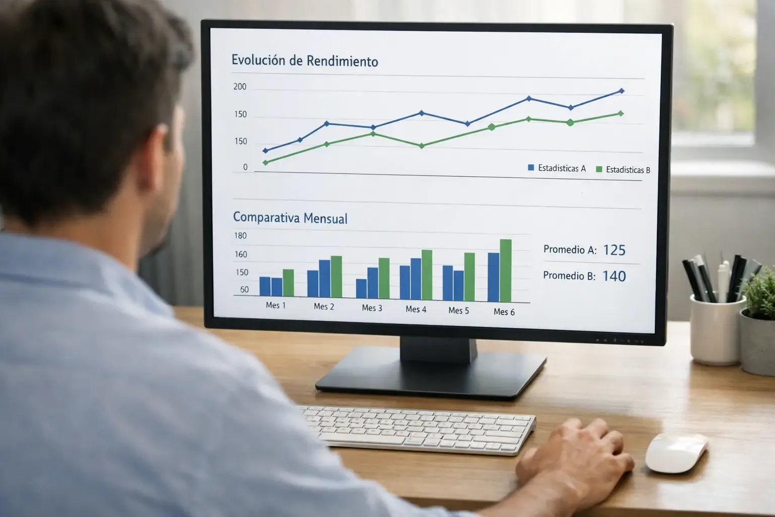 Persona revisando gráficos de rendimiento en una pantalla de ordenador en su oficina