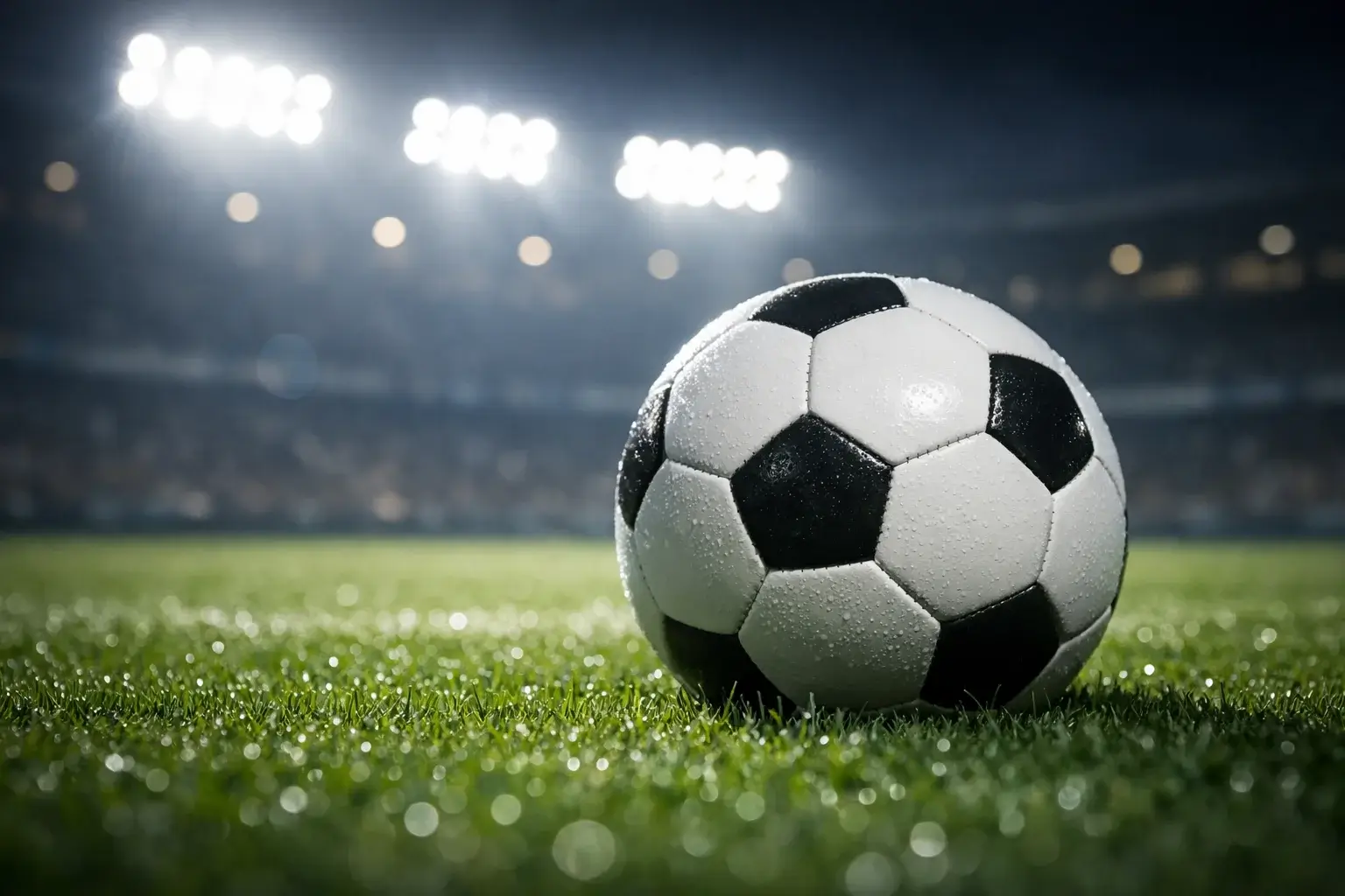 Balón de fútbol sobre césped verde de un campo de estadio profesional iluminado