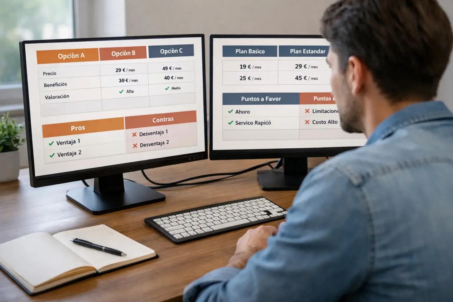 Persona comparando opciones en múltiples pantallas de ordenador en su escritorio