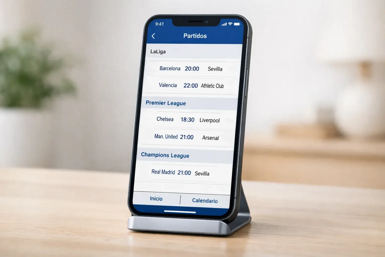 Smartphone moderno mostrando una aplicación de deportes con interfaz limpia y profesional