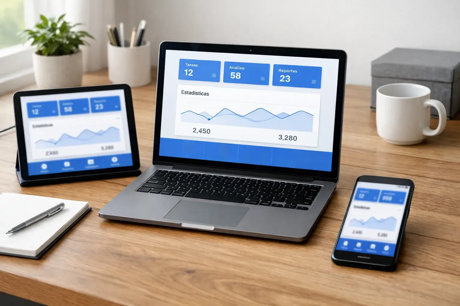 Escritorio organizado con varios dispositivos tecnológicos mostrando sincronización multiplataforma