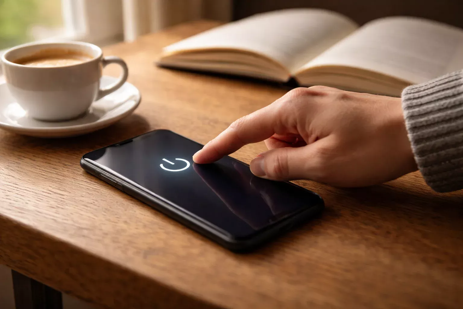 Persona cerrando una aplicación de apuestas en su teléfono móvil con gesto tranquilo