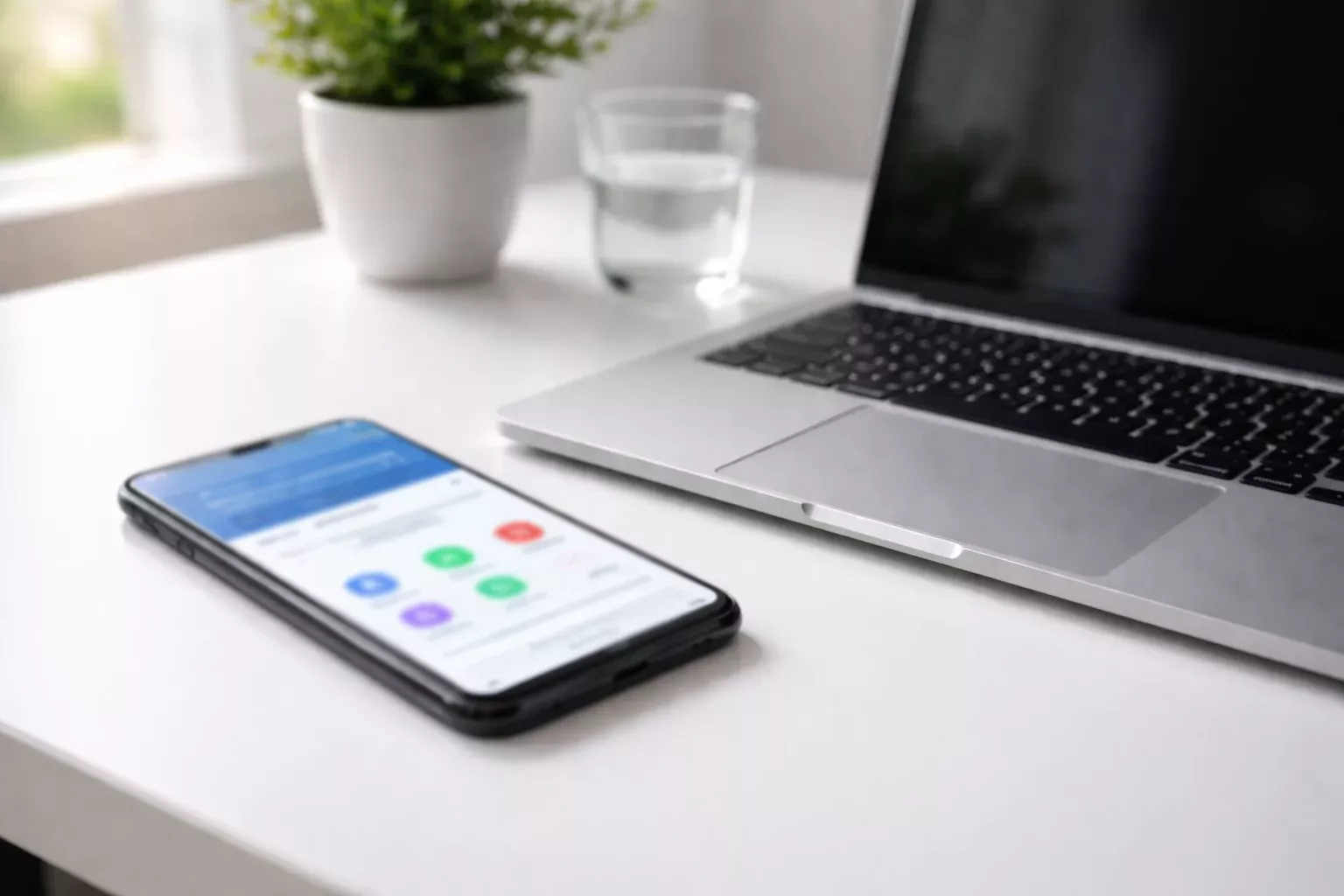 Smartphone mostrando opciones de pago digital junto a un portátil en un escritorio