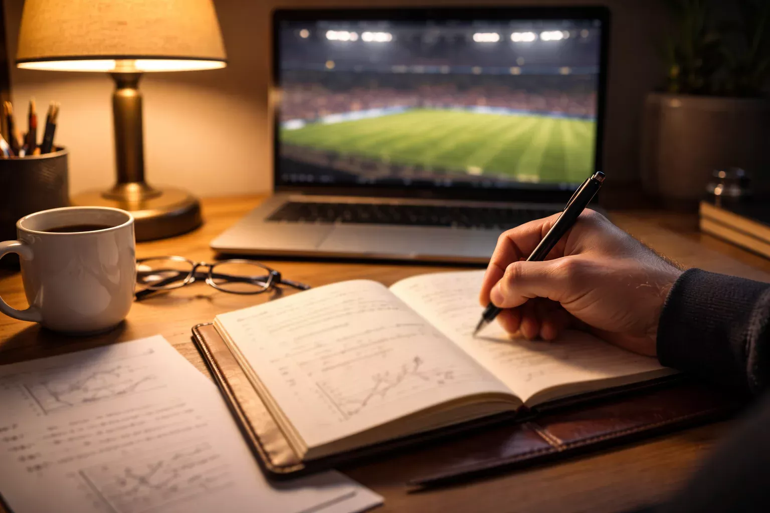 Persona analizando datos deportivos en un cuaderno junto a una pantalla con cuotas de fútbol